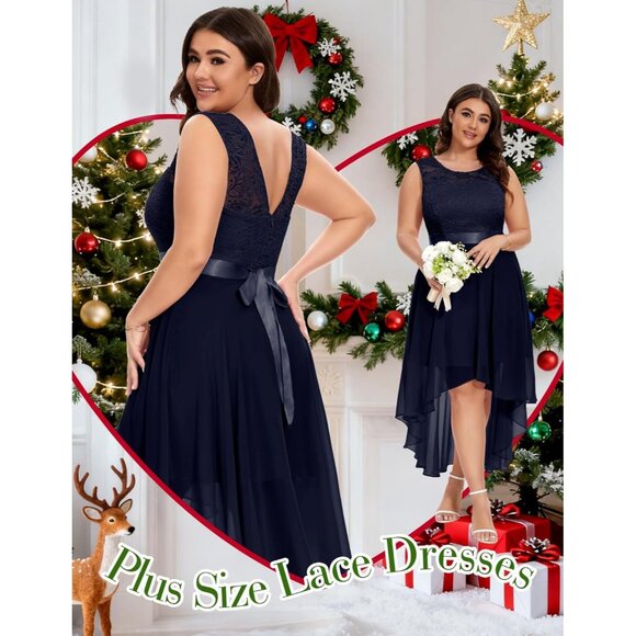 BeryLove Women Navy Sequin Chiffon Scoop Neck Sleeveless Lace Cocktail Dresses - Picture 6 of 7